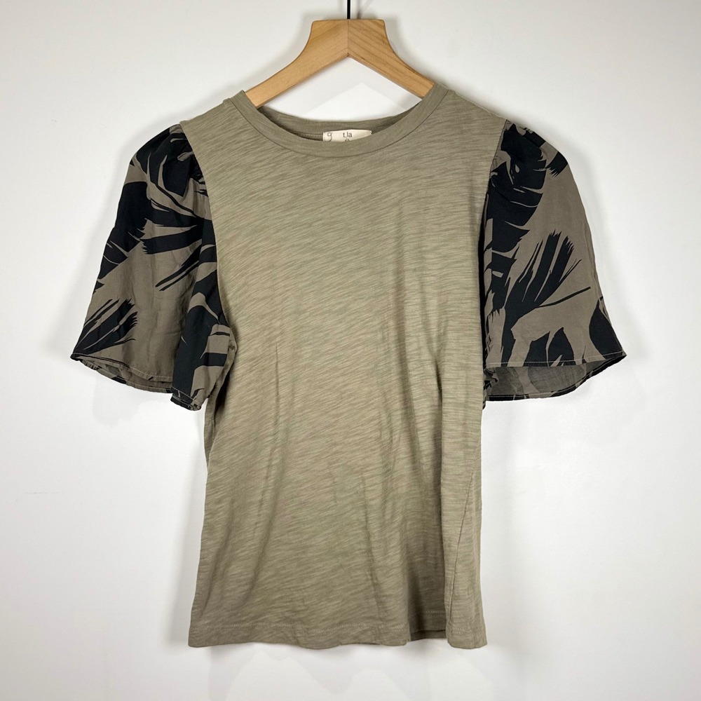 Anthropologie Flutter Sleeve Tee Womens XXS Olive Green Boho Modern Minimalist